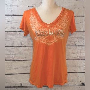 BEE EASY T-Shirt "Nashville" V Neck Embellished Orange-Large